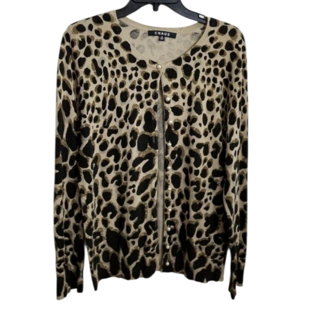 Chaus ocelot animal print sweater‎ cardigan pearl Button Women's Size medium